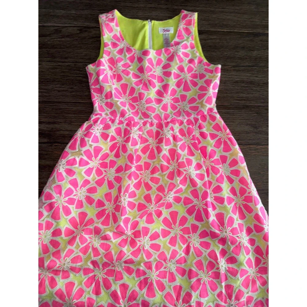 Justice Girls Neon PinkLime Green Floral Lace Fit Flare Dress Size 12 Sleeveless